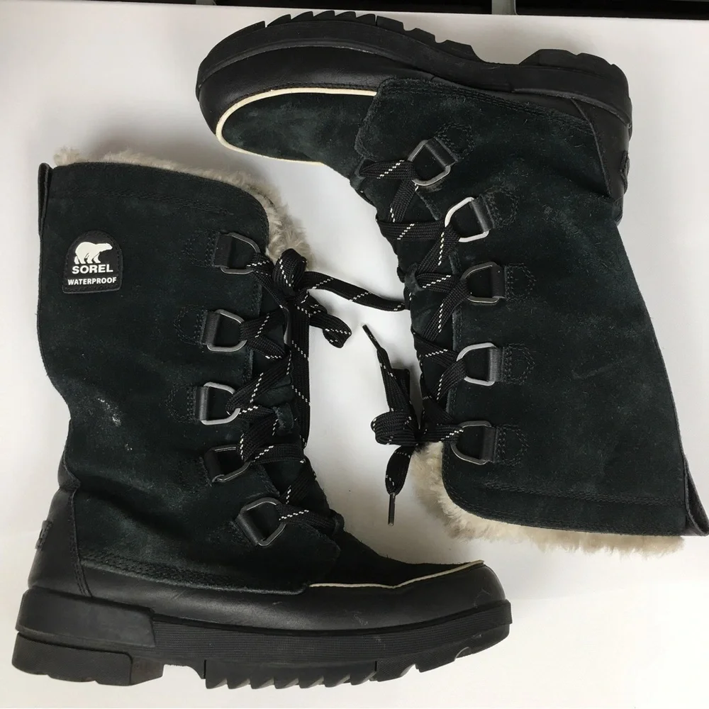 Sorel Tivoli Tall Waterproof Out Dry Boots Black Suede Faux Fur Lining Size 10.5 - Picture 15 of 16